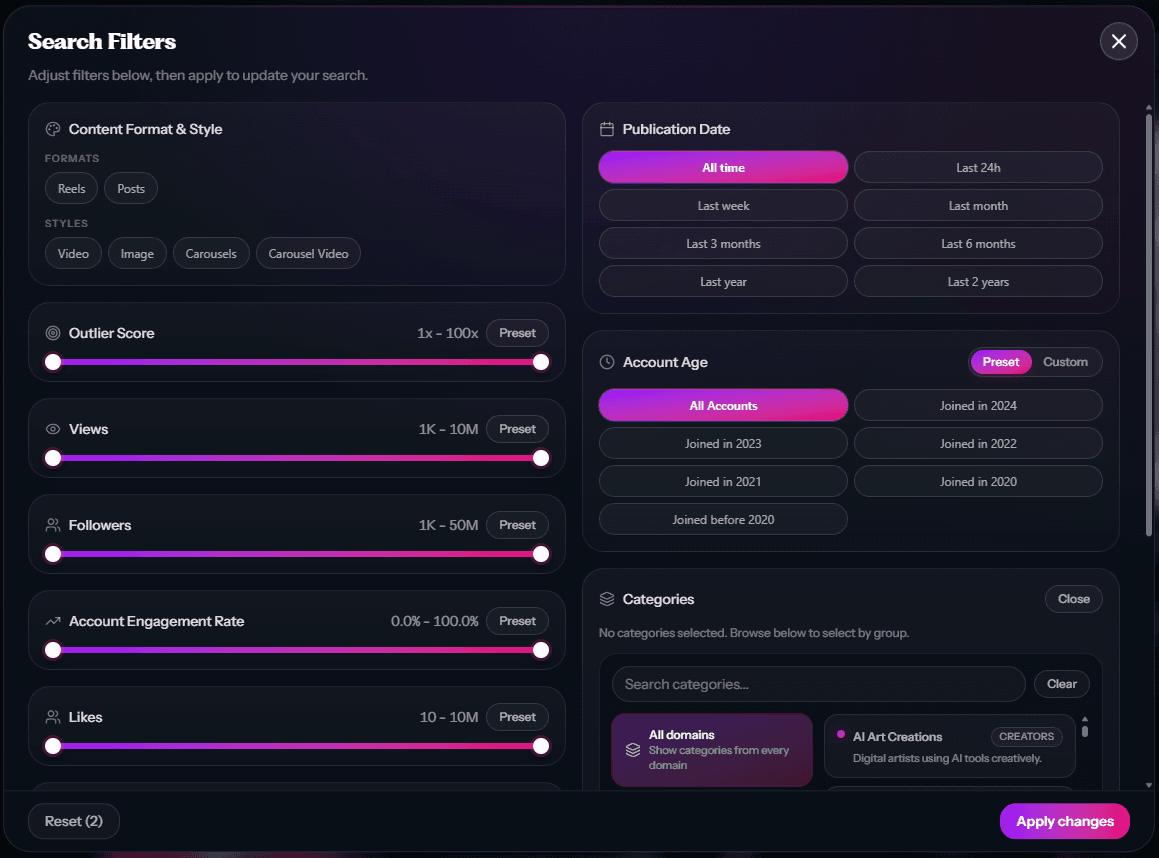 The search filters panel with outlier score and audience sliders